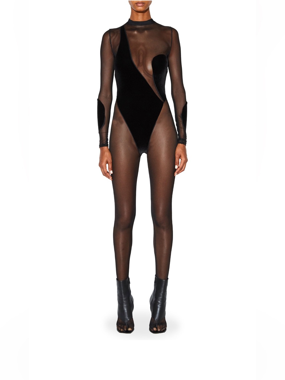 LaQuan Smith Black Sheer Velvet Catsuit
